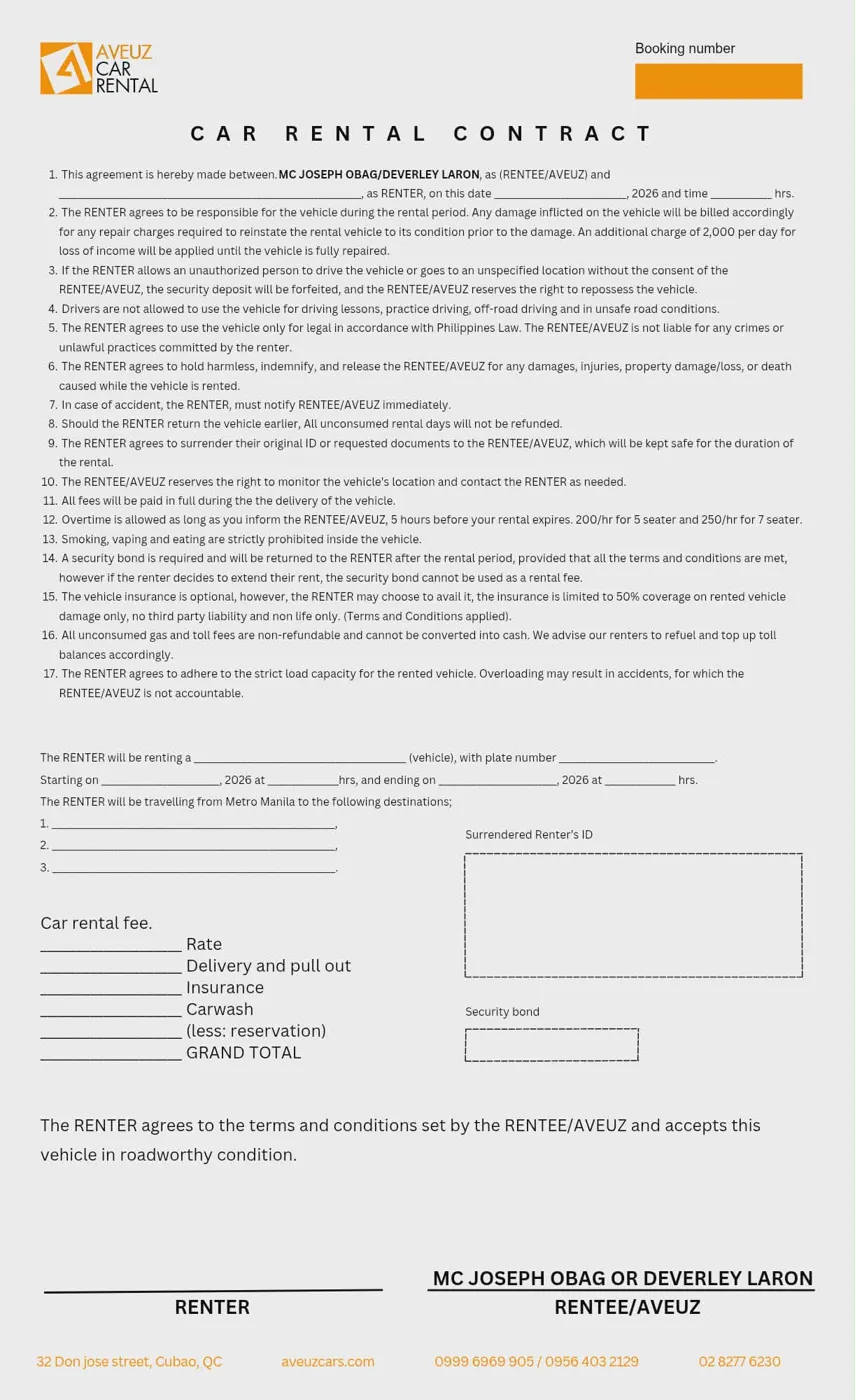 Aveuz Car Rental Agreement